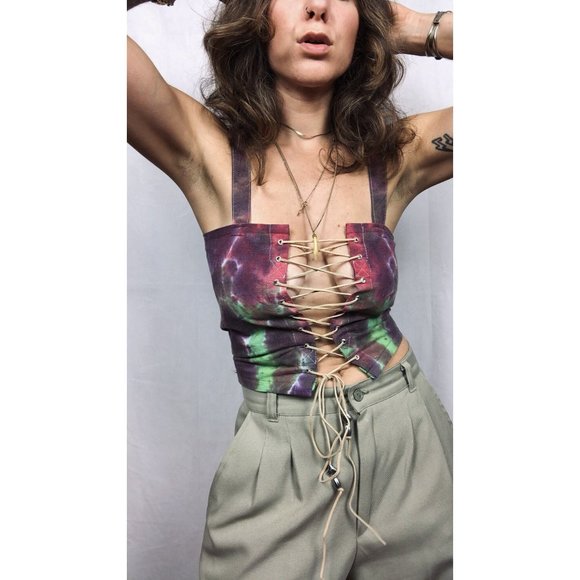 Handmade Reversible Purple Tie Dye Lace Up Suede Festival Corset Crop Top - Picture 2 of 7